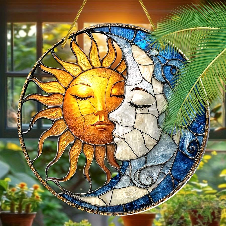Olivenorma Vintage Bohemian Sun & Moon Face Celestial Window Hanging 2D Stained Glass Sun Catcher - image 5
