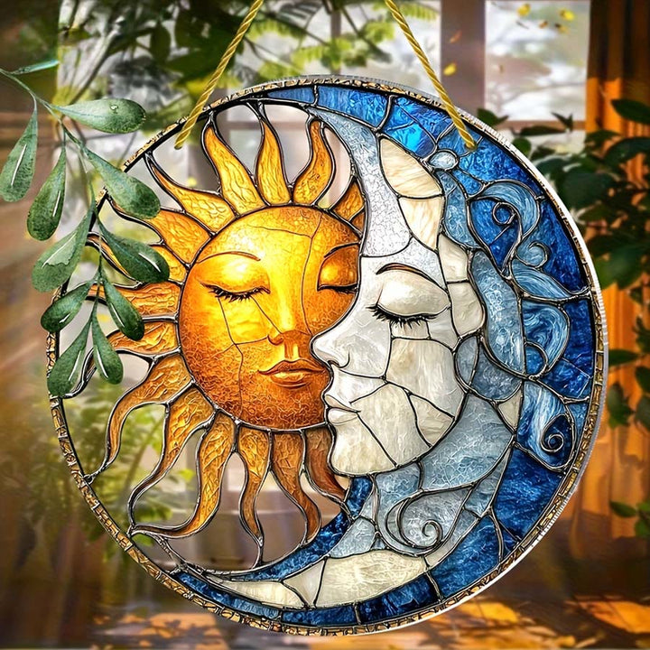 Olivenorma Vintage Bohemian Sun & Moon Face Celestial Window Hanging 2D Stained Glass Sun Catcher - image 4