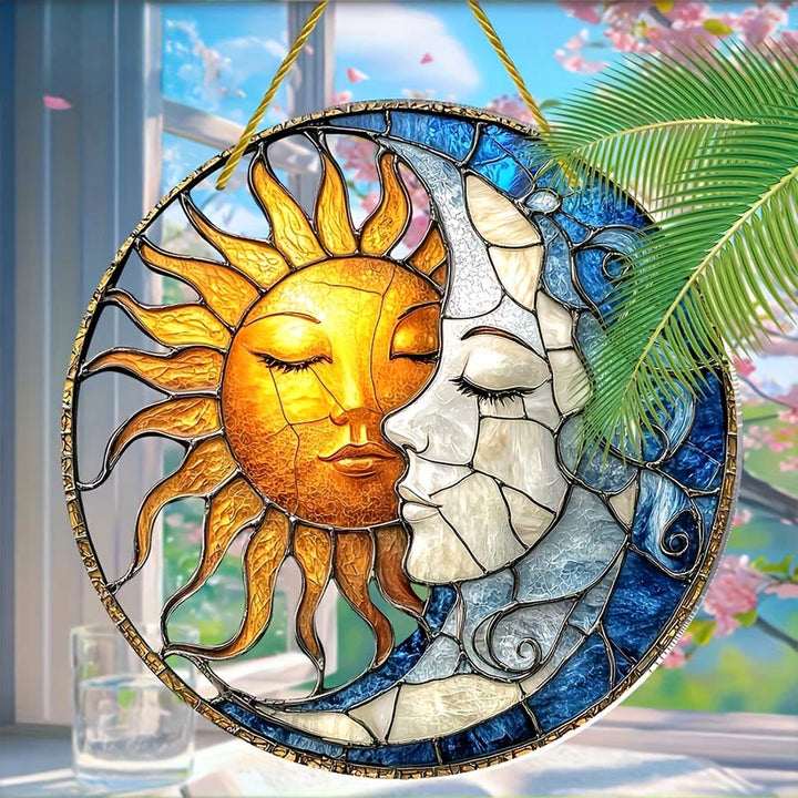 Olivenorma Vintage Bohemian Sun & Moon Face Celestial Window Hanging 2D Stained Glass Sun Catcher - image 2