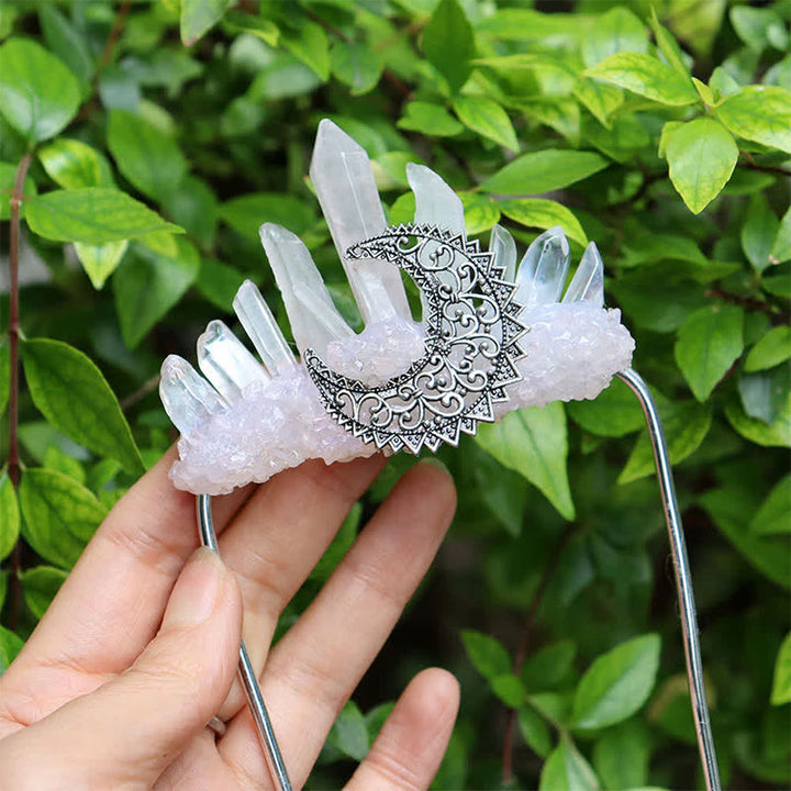 Olivenorma Vintage Golden Moon Floral Detail Rough Crystal Cluster Healing Crystal Brooch - Rose Quartz - image 14