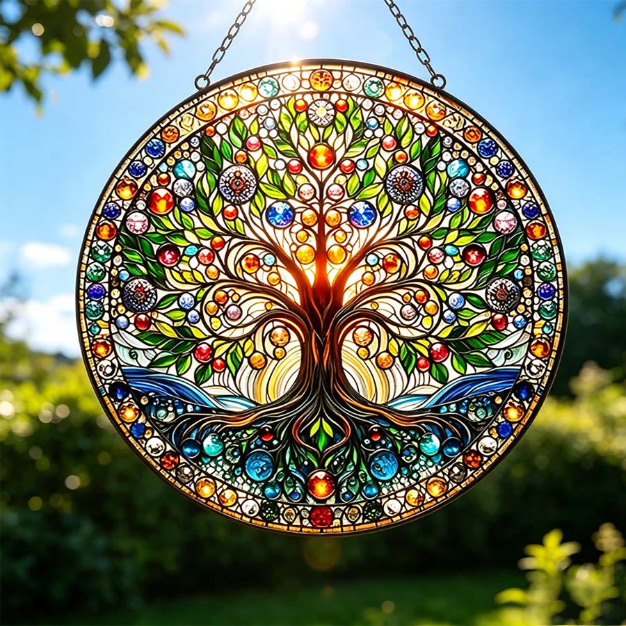 Olivenorma Vintage Sacred Life Tree Root & Foliage Round Window 2D Stained Glass Sun Catcher - 30cm*30cm - image 0