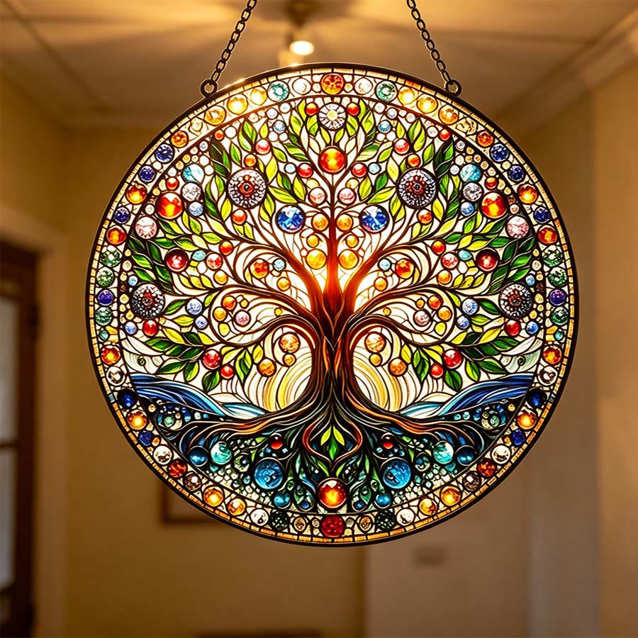 Olivenorma Vintage Sacred Life Tree Root & Foliage Round Window 2D Stained Glass Sun Catcher - image 3