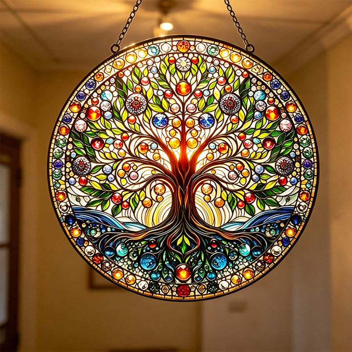 Olivenorma Vintage Sacred Life Tree Root & Foliage Round Window 2D Stained Glass Sun Catcher - image 3