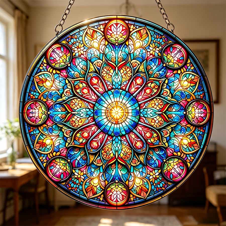 Olivenorma Symmetric Layered Floral Mandala Sacred Geometry 2D Stained Glass Sun Catcher - image 1