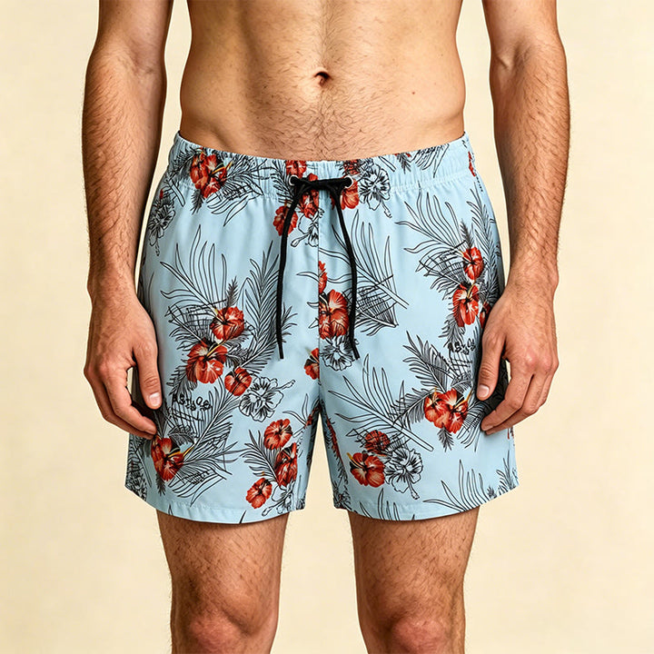 Olivenorma Tropical Hibiscus Palm Leaf Print Drawstring Quick Dry Men's Short Pants - Blue - 2XL - image 0