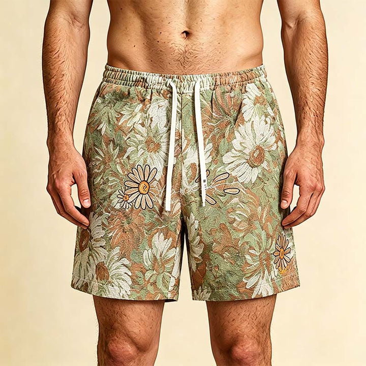 Olivenorma Vintage Oil Painting Daisy Print Embroidery Detail Loose Fit Men's Short Pants - Green - 5XL - image 0