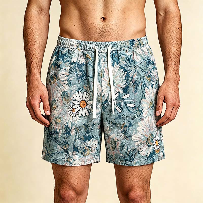 Olivenorma Vintage Oil Painting Daisy Print Embroidery Detail Loose Fit Men's Short Pants - Blue - 5XL - image 5