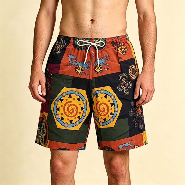 Olivenorma African Tribal Patchwork Geometric Mandala Print Drawstring Loose Fit Men's Short Pants - Color Block - One Size(55kg-95kg) - image 0