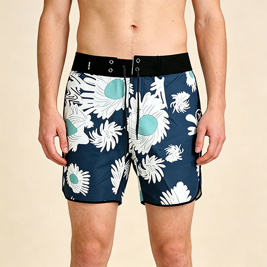 Olivenorma Abstract Art Tropical Daisy Floral Print Hook & Loop Drawstring Quick Dry Men's Short Pants - Blue - 3XL - image 0