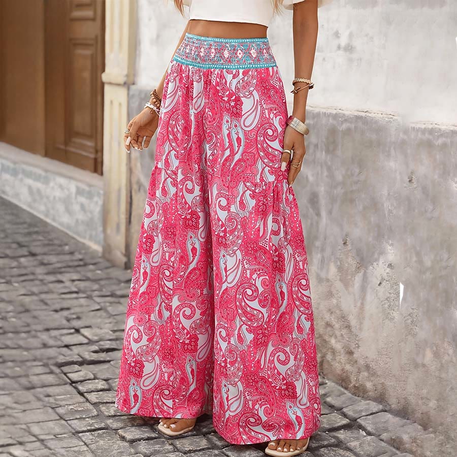 Olivenorma Boho Paisley Print Smocked High Waist Wide Leg Women's Pants - image 2