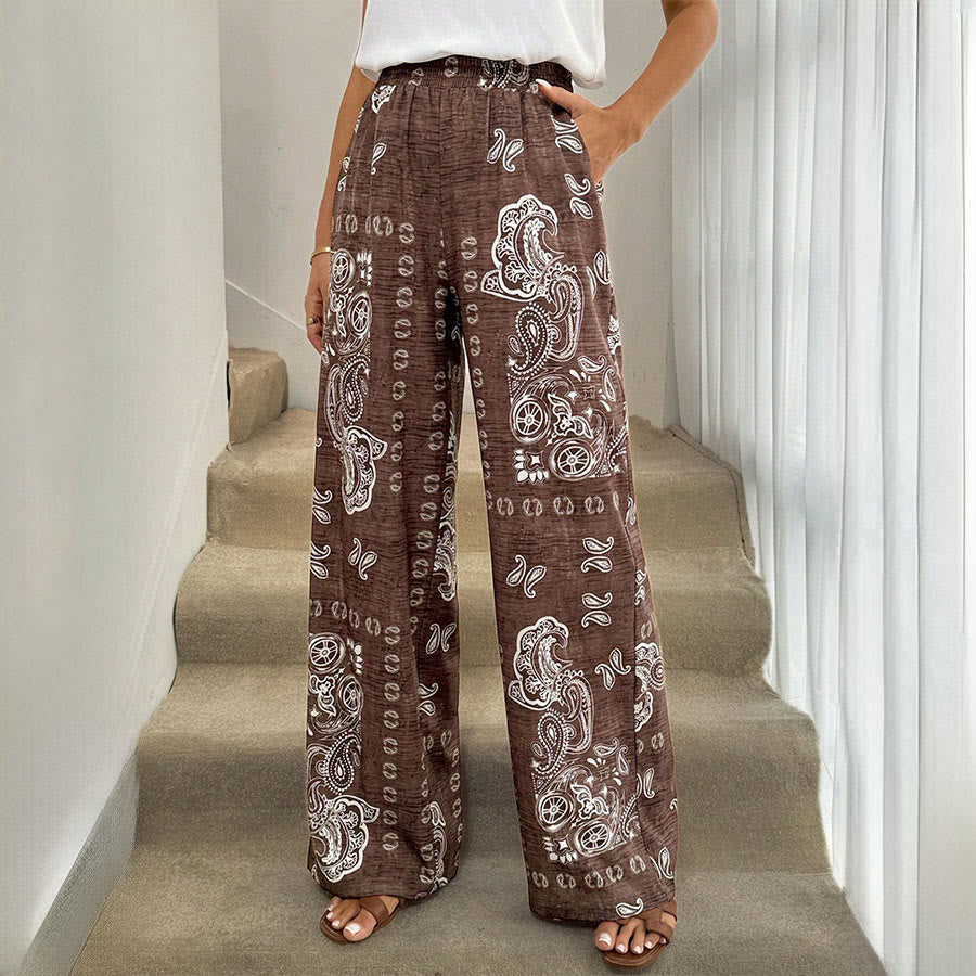 Olivenorma Retro Paisley Bandana Print Elastic High Waist Wide Leg Women's Pants - Brown - XL - image 0