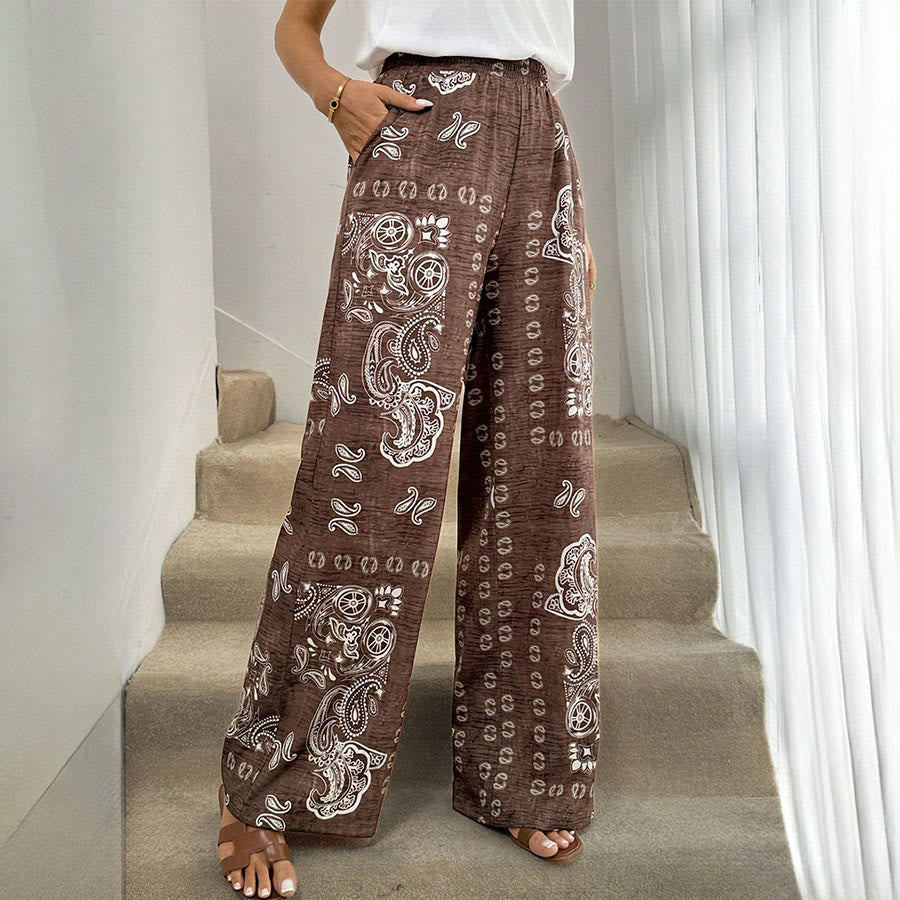 Olivenorma Retro Paisley Bandana Print Elastic High Waist Wide Leg Women's Pants - image 3