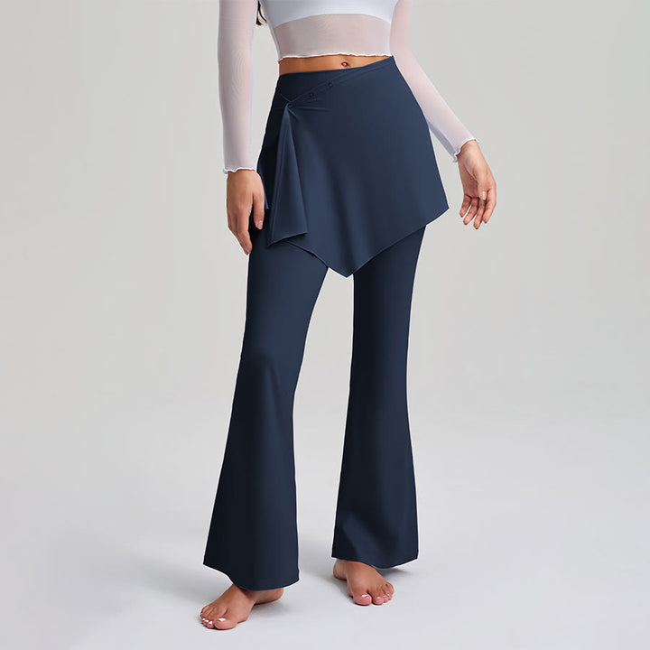 Olivenorma Asymmetrical Skirt Overlay Button Detail High Waist Bootcut Women's Yoga Pants - Navy Blue - XXL - image 7