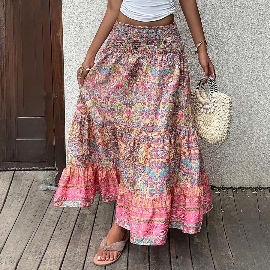 Olivenorma Bohemian Paisley Print Smocked High Waist Tiered Maxi Women's Dress - image 3