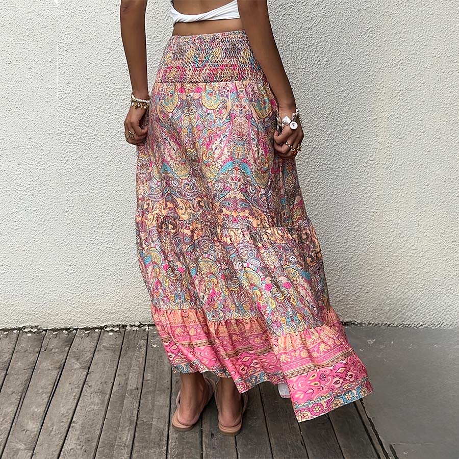 Olivenorma Bohemian Paisley Print Smocked High Waist Tiered Maxi Women's Dress - image 1