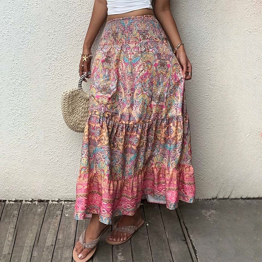 Olivenorma Bohemian Paisley Print Smocked High Waist Tiered Maxi Women's Dress - Pink - XL - image 0