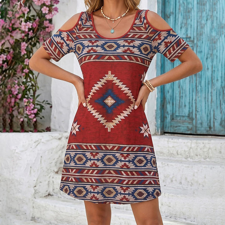 Olivenorma Tribal Geometric Print Cold Shoulder Short Sleeve Women's Dress - image 2