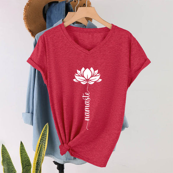 Olivenorma Minimal Namaste Lotus Silhouette Print V-Neck T-Shirt - Red - 2XL - image 36