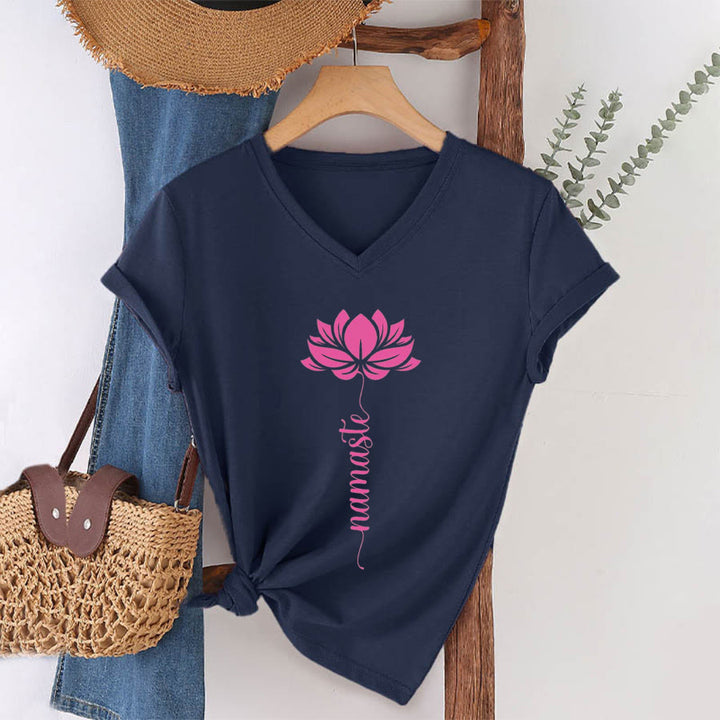 Olivenorma Minimal Namaste Lotus Silhouette Print V-Neck T-Shirt - Navy Blue - 2XL - image 15