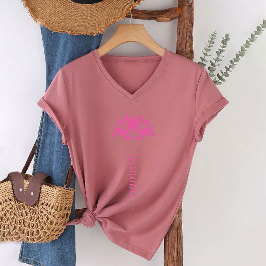 Olivenorma Minimal Namaste Lotus Silhouette Print V-Neck T-Shirt - Pink - 2XL - image 30