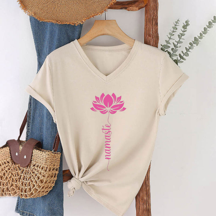Olivenorma Minimal Namaste Lotus Silhouette Print V-Neck T-Shirt - Khaki - 2XL - image 27