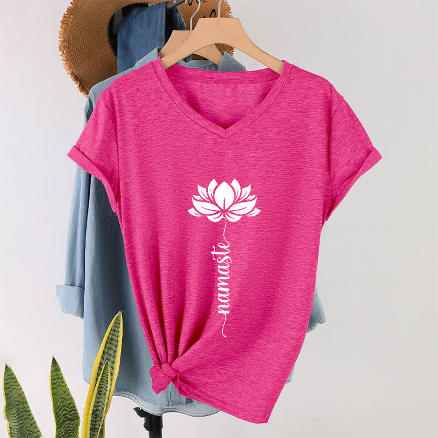 Olivenorma Minimal Namaste Lotus Silhouette Print V-Neck T-Shirt - Rose Red - 2XL - image 33