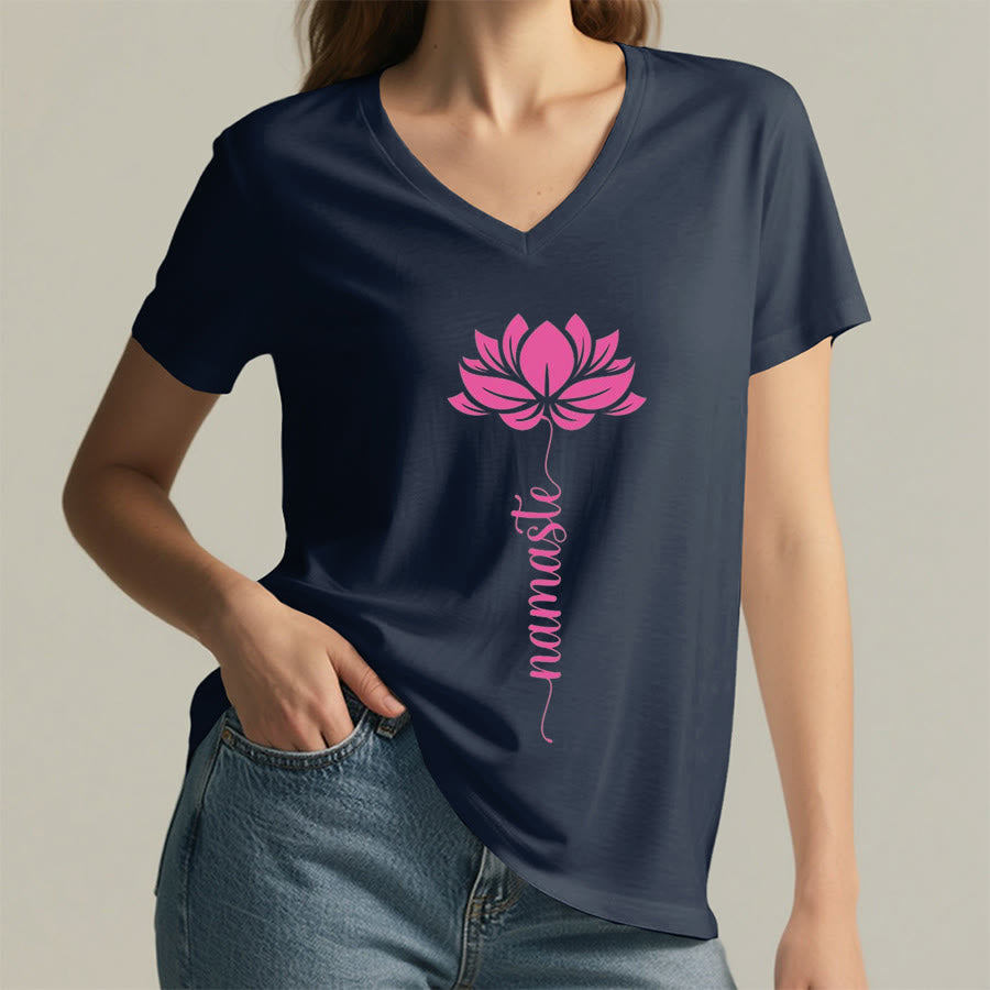 Olivenorma Minimal Namaste Lotus Silhouette Print V-Neck T-Shirt - image 17