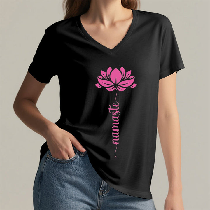 Olivenorma Minimal Namaste Lotus Silhouette Print V-Neck T-Shirt - image 4