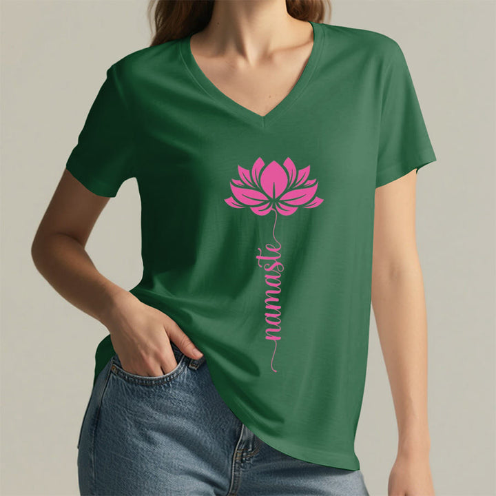 Olivenorma Minimal Namaste Lotus Silhouette Print V-Neck T-Shirt - image 25