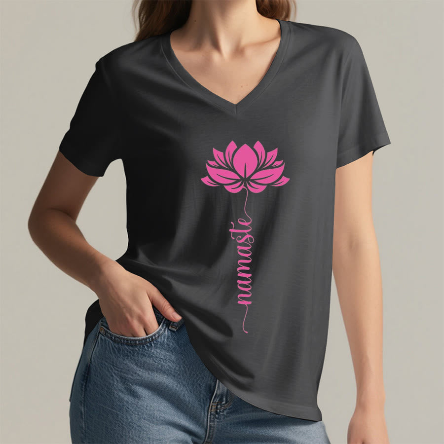 Olivenorma Minimal Namaste Lotus Silhouette Print V-Neck T-Shirt - image 7
