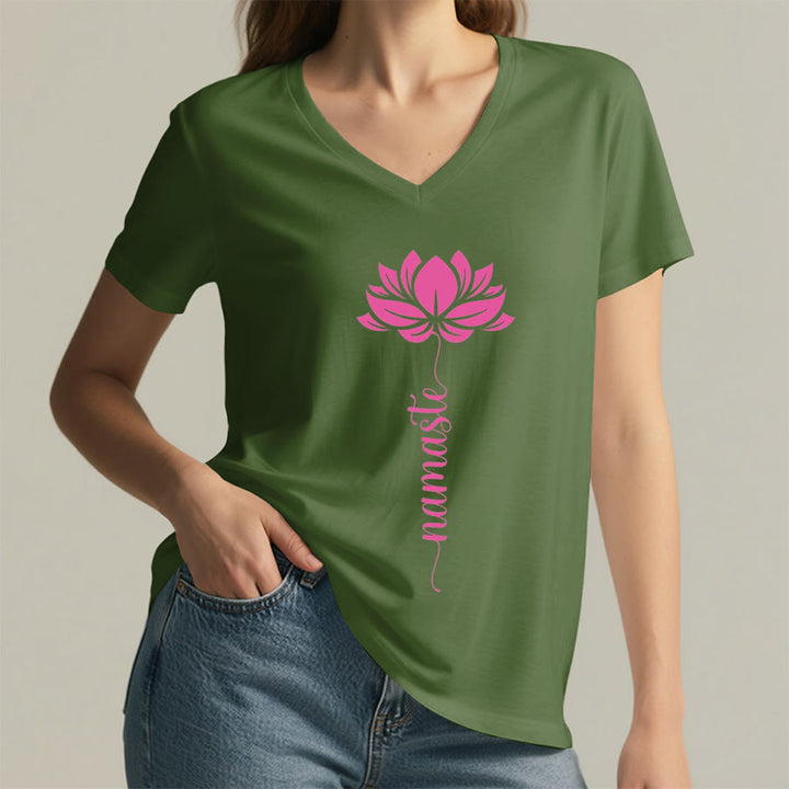 Olivenorma Minimal Namaste Lotus Silhouette Print V-Neck T-Shirt - image 22