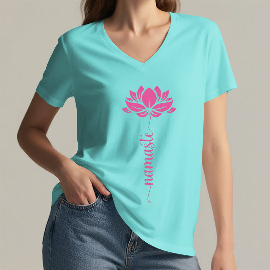 Olivenorma Minimal Namaste Lotus Silhouette Print V-Neck T-Shirt - image 13