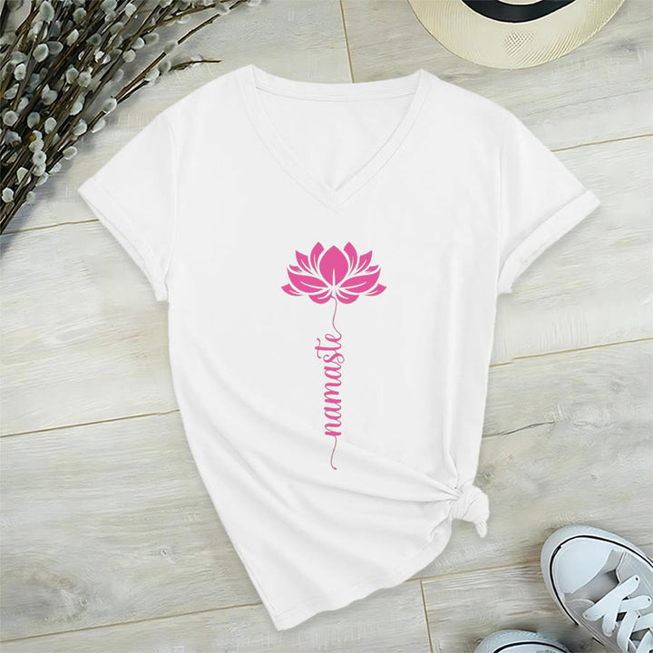 Olivenorma Minimal Namaste Lotus Silhouette Print V-Neck T-Shirt - image 2