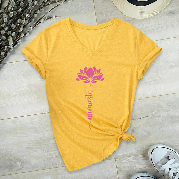 Olivenorma Minimal Namaste Lotus Silhouette Print V-Neck T-Shirt - image 11