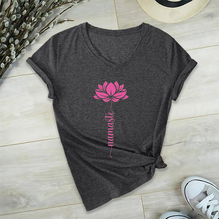 Olivenorma Minimal Namaste Lotus Silhouette Print V-Neck T-Shirt - image 8
