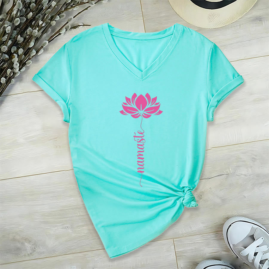 Olivenorma Minimal Namaste Lotus Silhouette Print V-Neck T-Shirt - image 14