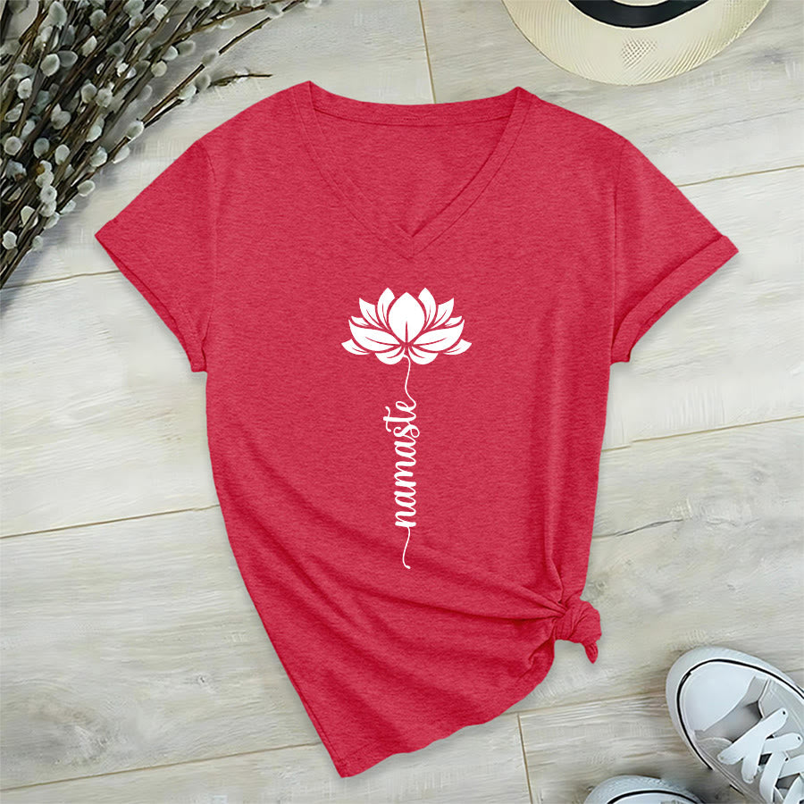 Olivenorma Minimal Namaste Lotus Silhouette Print V-Neck T-Shirt - image 38