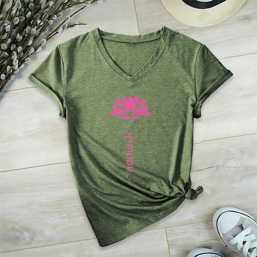 Olivenorma Minimal Namaste Lotus Silhouette Print V-Neck T-Shirt - image 23