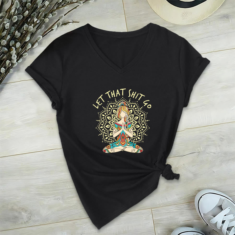Olivenorma Yoga Themed Meditating Woman Mandala V-Neck T-Shirt - Black - 2XL - image 6
