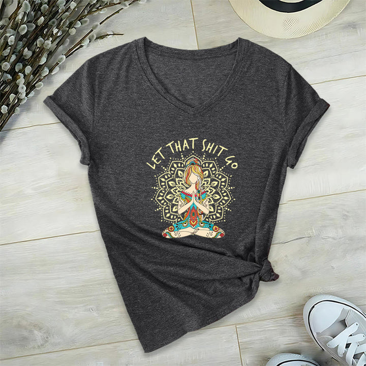 Olivenorma Yoga Themed Meditating Woman Mandala V-Neck T-Shirt - Gray - 2XL - image 9
