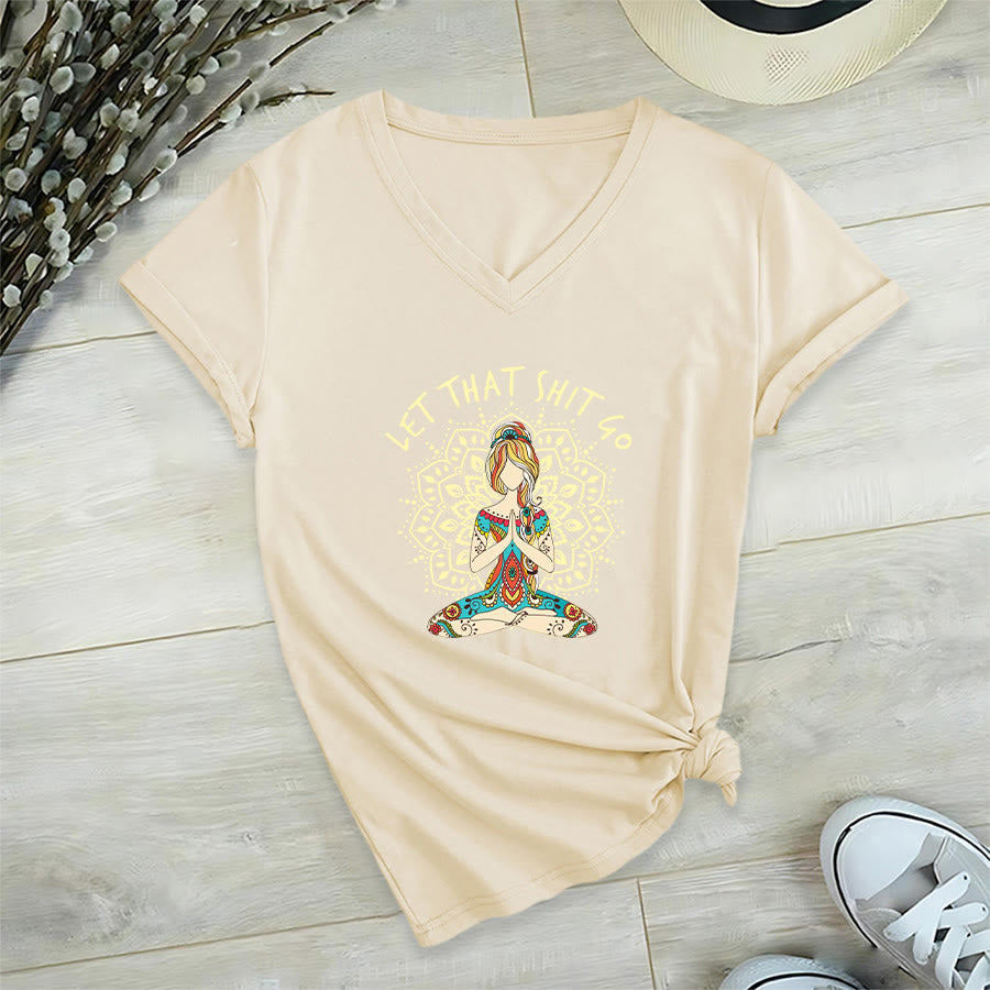 Olivenorma Yoga Themed Meditating Woman Mandala V-Neck T-Shirt - Khaki - 2XL - image 27