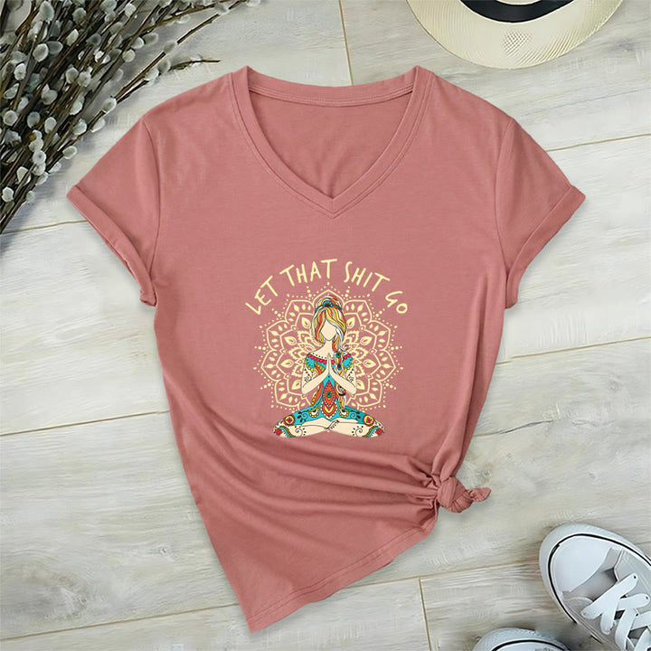 Olivenorma Yoga Themed Meditating Woman Mandala V-Neck T-Shirt - Pink - 2XL - image 30