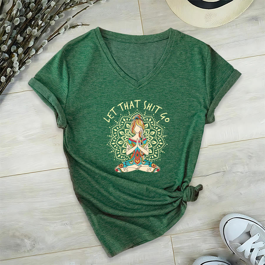 Olivenorma Yoga Themed Meditating Woman Mandala V-Neck T-Shirt - Dark Green - 2XL - image 24