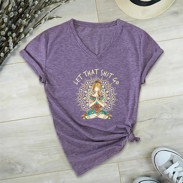 Olivenorma Yoga Themed Meditating Woman Mandala V-Neck T-Shirt - Purple - 2XL - image 21