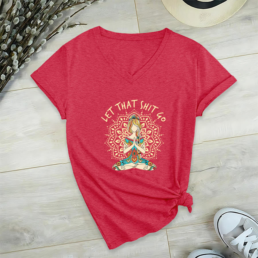 Olivenorma Yoga Themed Meditating Woman Mandala V-Neck T-Shirt - Red - 2XL - image 36