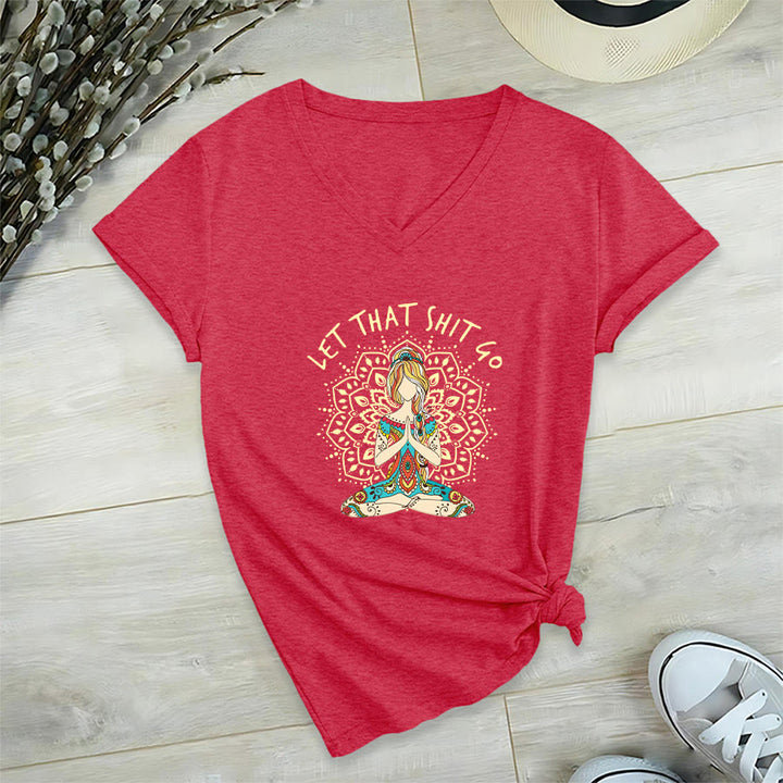 Olivenorma Yoga Themed Meditating Woman Mandala V-Neck T-Shirt - Red - 2XL - image 36