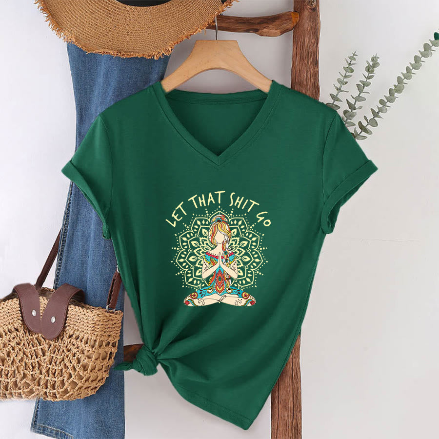 Olivenorma Yoga Themed Meditating Woman Mandala V-Neck T-Shirt - image 25