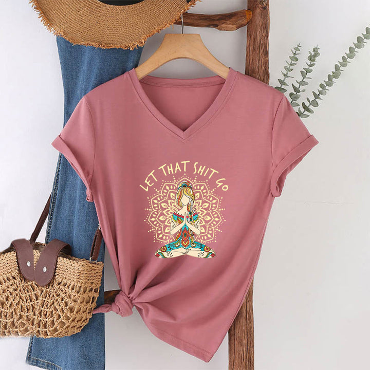 Olivenorma Yoga Themed Meditating Woman Mandala V-Neck T-Shirt - image 31
