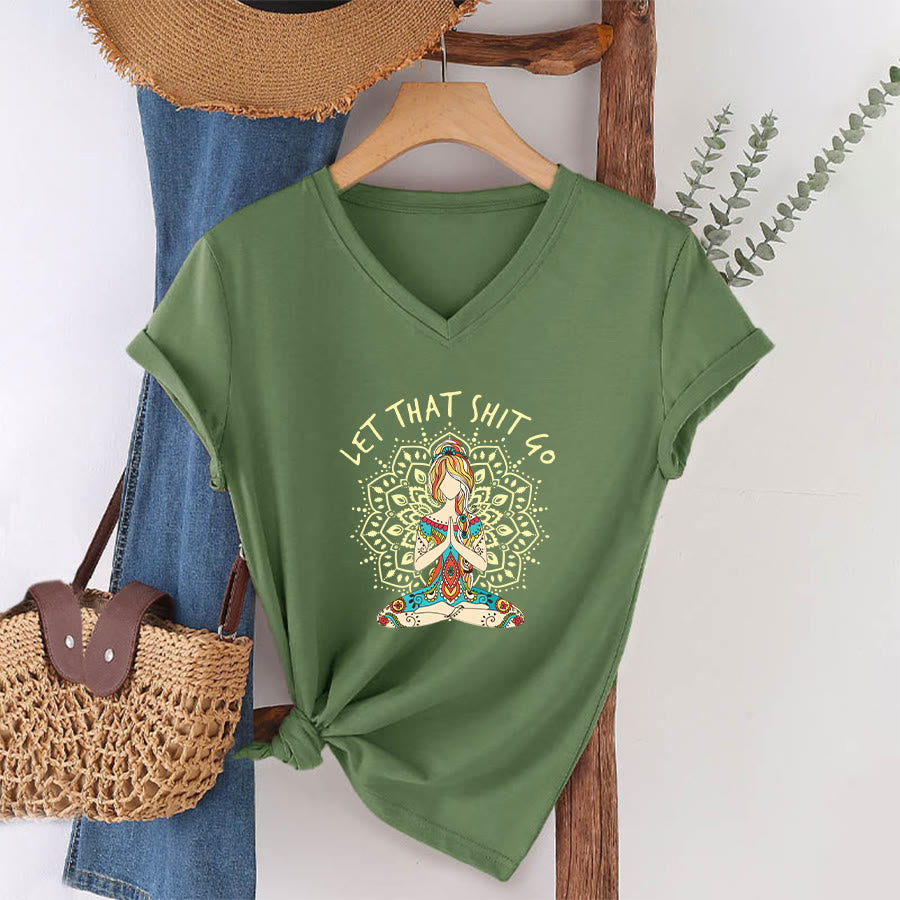 Olivenorma Yoga Themed Meditating Woman Mandala V-Neck T-Shirt - image 1