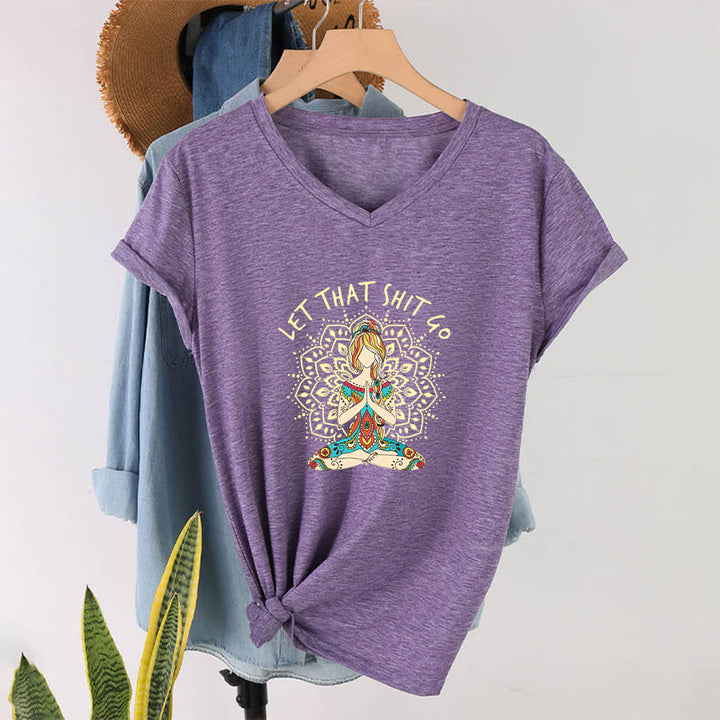 Olivenorma Yoga Themed Meditating Woman Mandala V-Neck T-Shirt - image 22